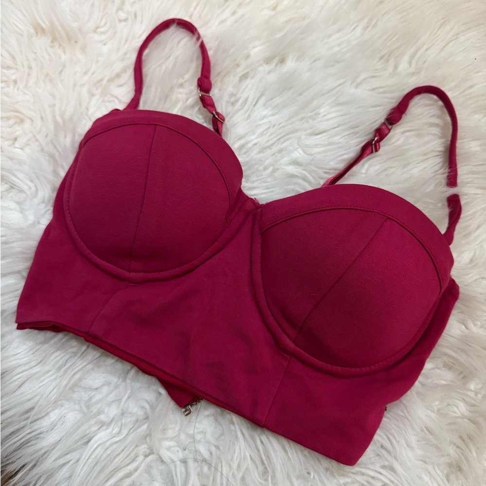 Bebe Red Bustier Top Cropped Padded Cups Structured Zip Back Small